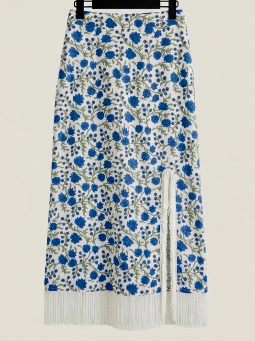 Eddy Ethel Fringe Midi Skirt Cream Azure Blue Floral Block Print Slit L